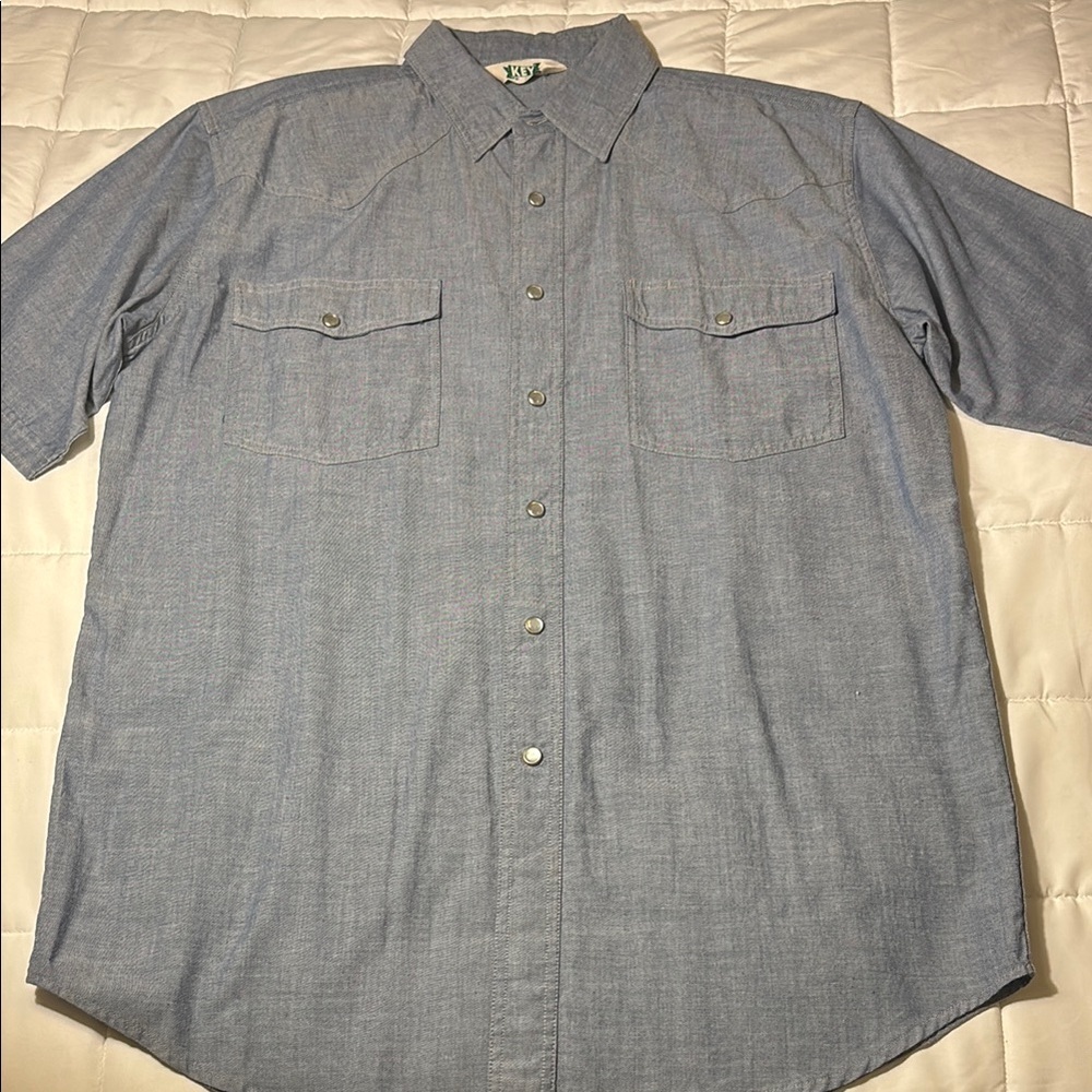 Vintage Key Blue Chambray Short Sleeve Pearl Snap Up Shirt